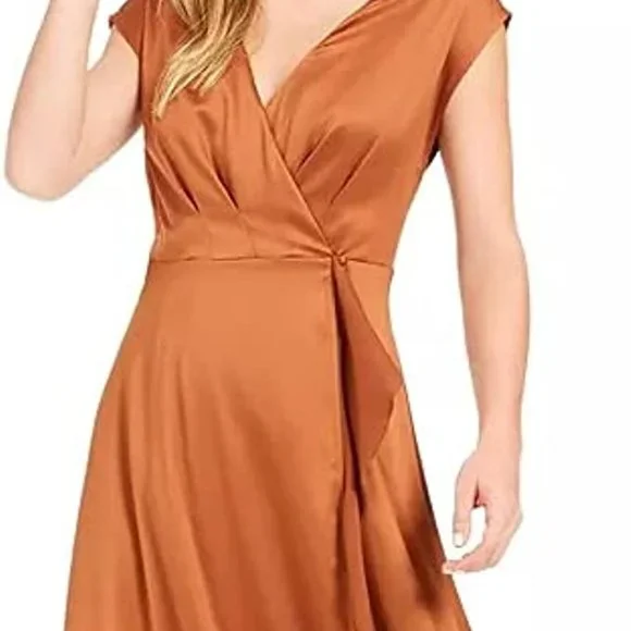 Bar III Womens satin Brown Short Sleeve V Neck Tea-Length Dress Size XL - Picture 2 of 6